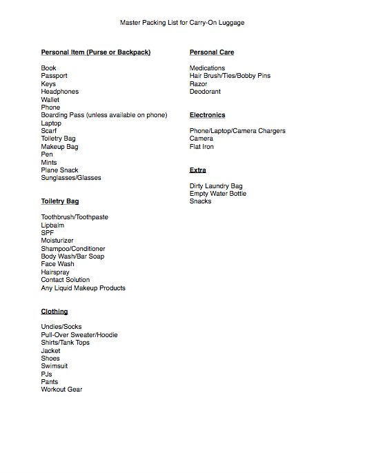 Master Packing List